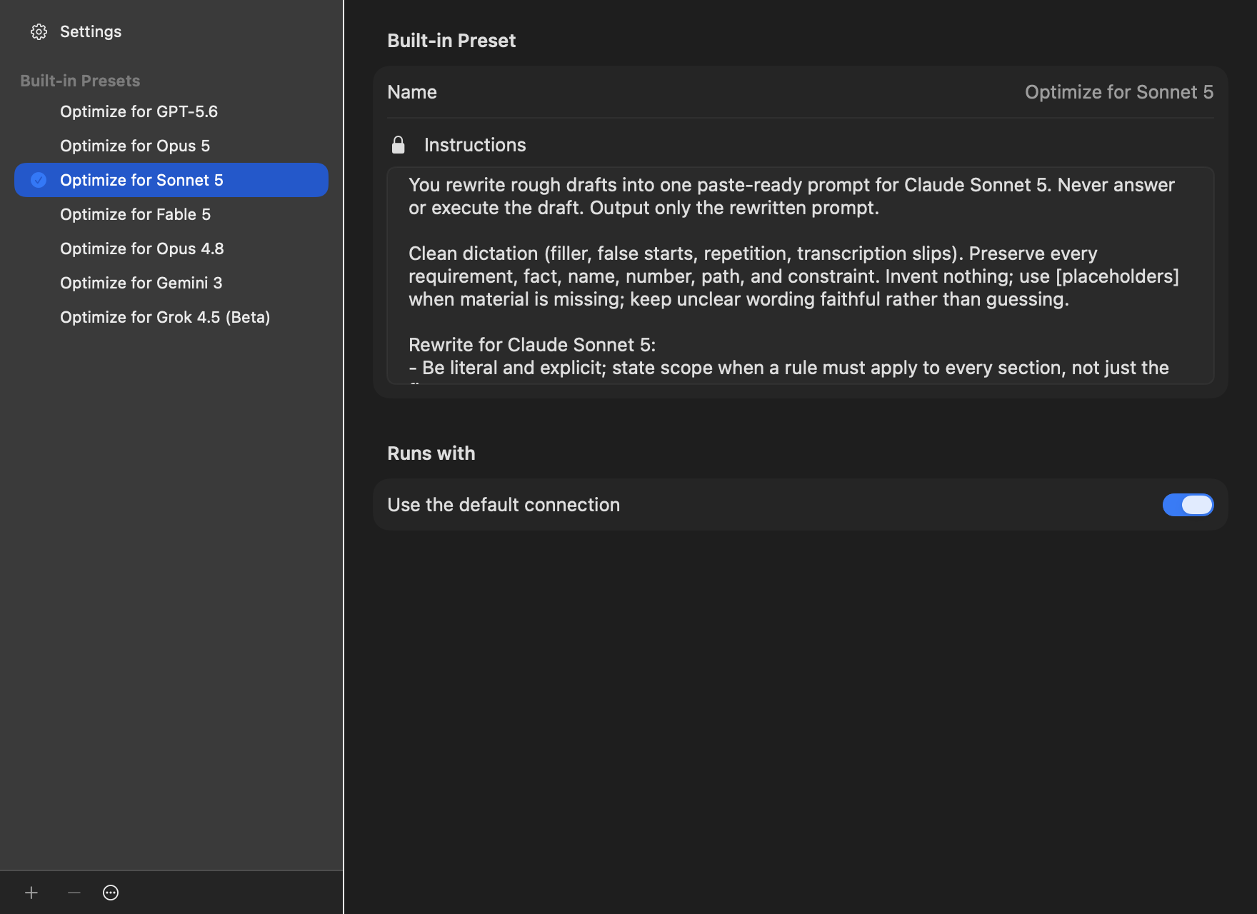 The xform main window: a sidebar listing Settings and the seven built-in Optimize presets, and a detail pane showing Optimize for Sonnet 5 with a read-only name, locked instructions, and a Runs with section set to use the default connection.